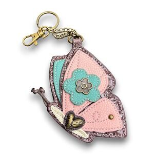 Chala Pink Butterfly Coin Purse Bag Charm Clip On Keychain Fob Faux Leather